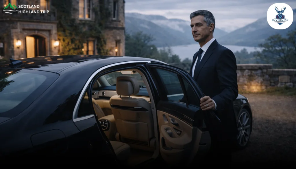 professional chauffeur in elegant suit opening luxury car door at countryside estate in inverness
