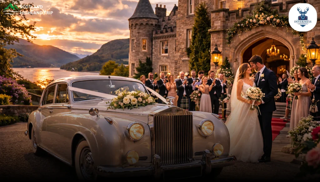 Wedding car arriving at Scottish castle venue