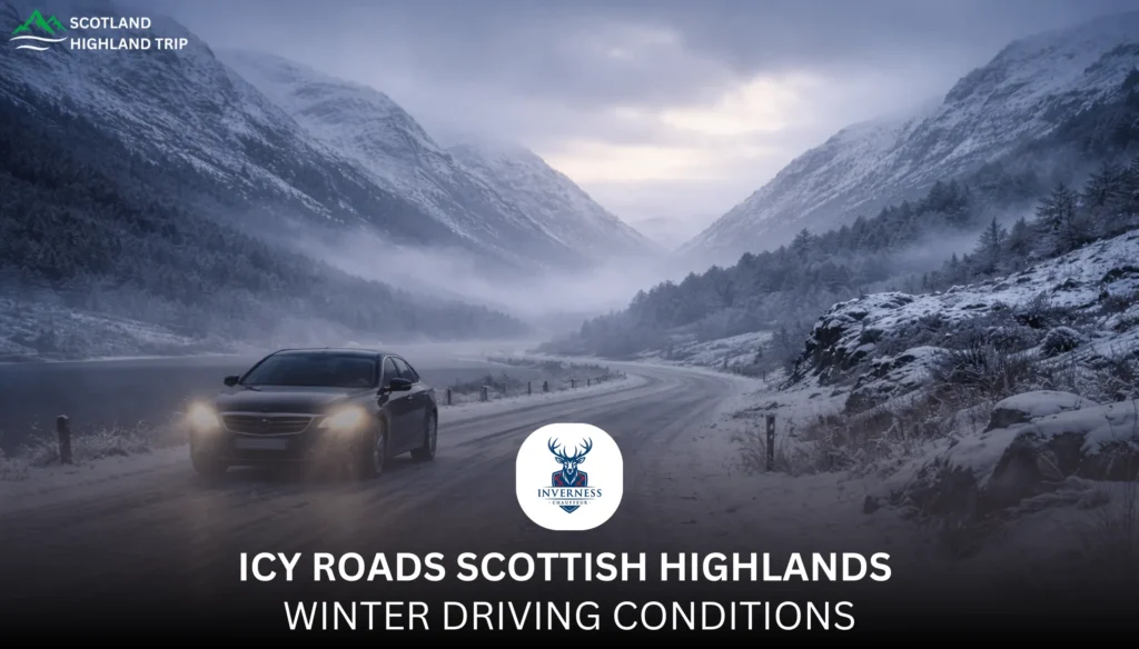 Icy roads Scottish Highlands winter driving conditions