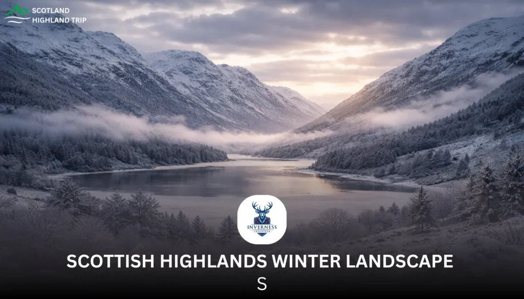 Scottish Highlands winter landscape snow mountains loch
