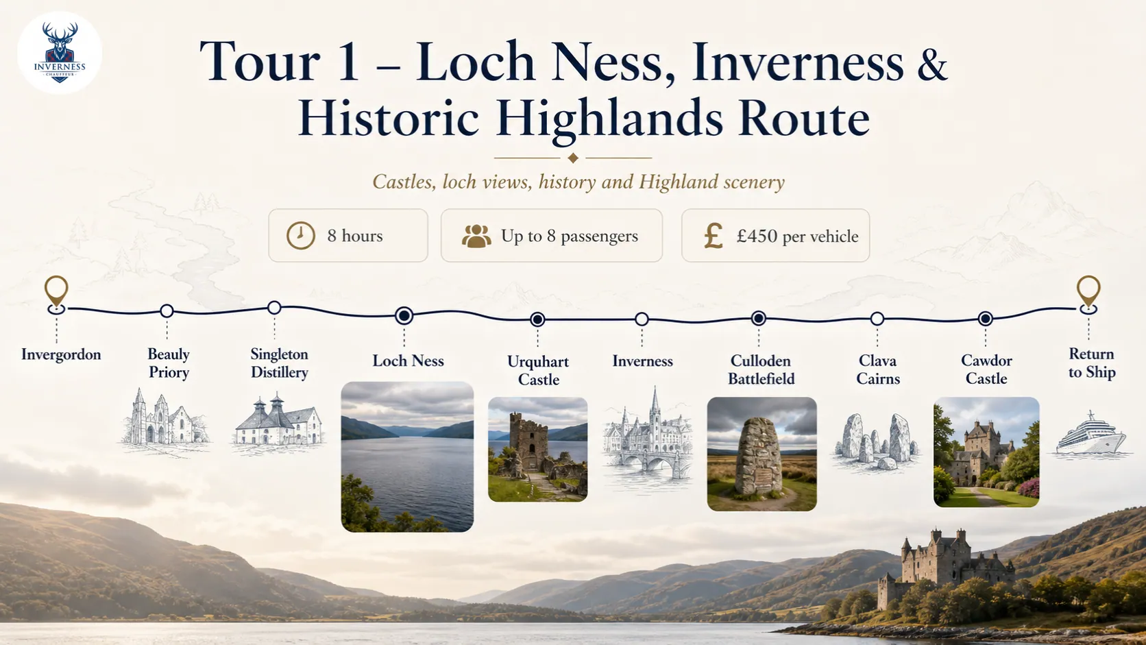 Loch Ness and Historic Highlands private shore excursion route from Invergordon