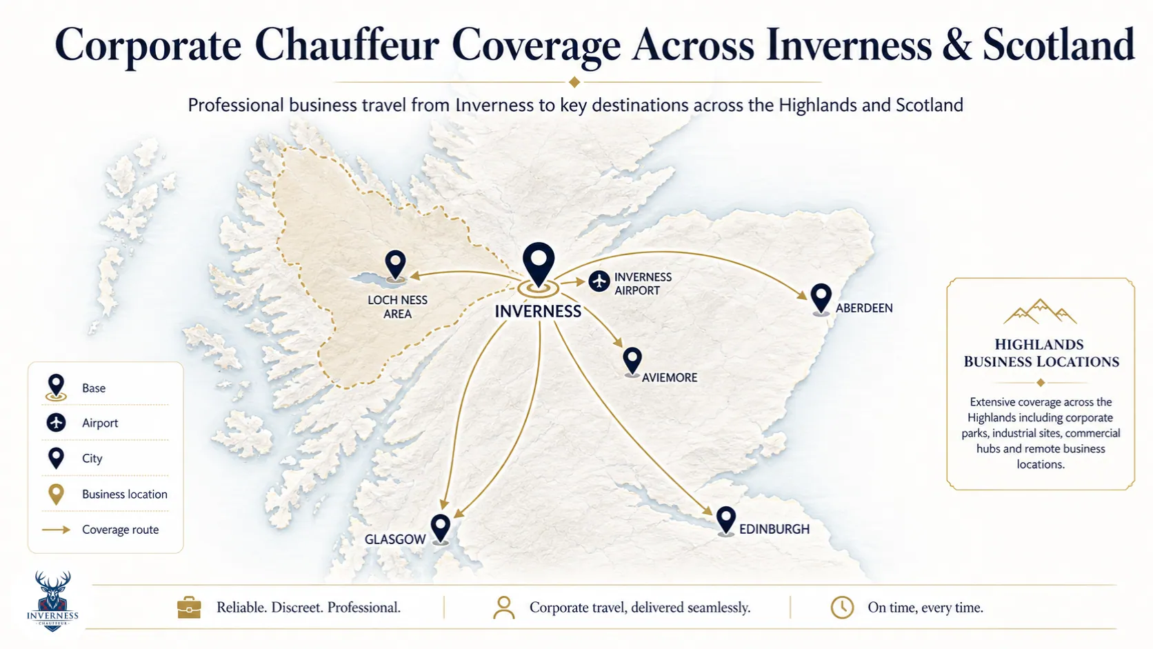 Map showing corporate chauffeur travel coverage from Inverness to key destinations across Scotland