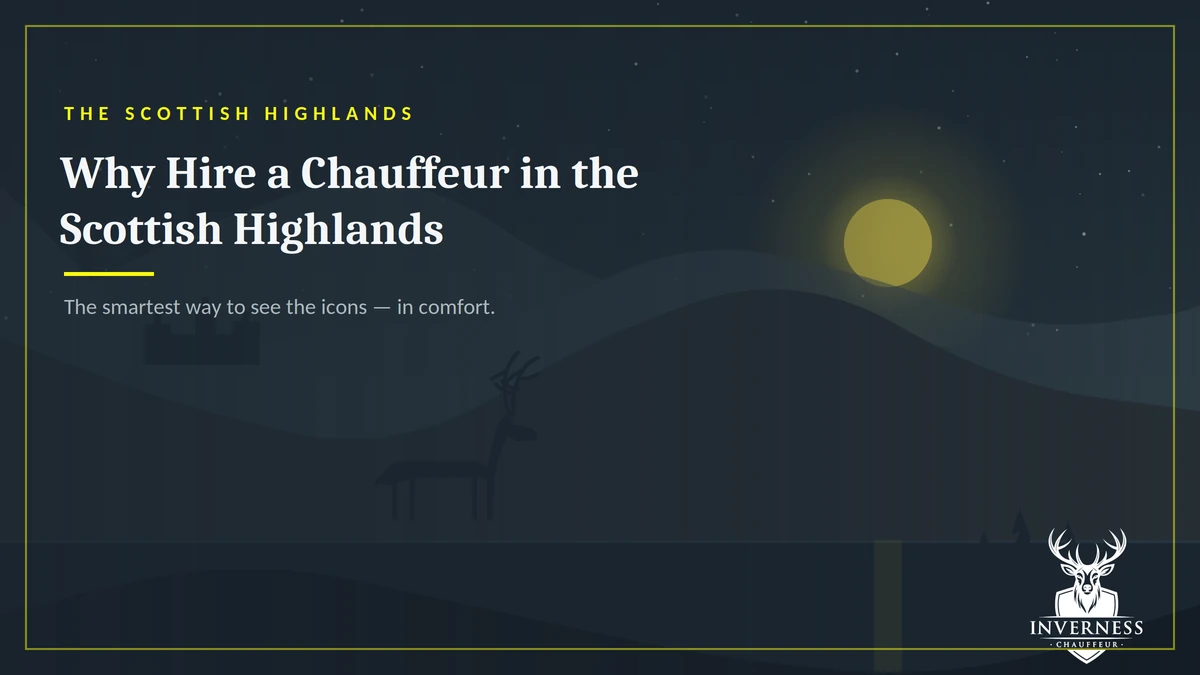Luxury chauffeur car on a Scottish Highlands road at dusk with a stag, loch and castle