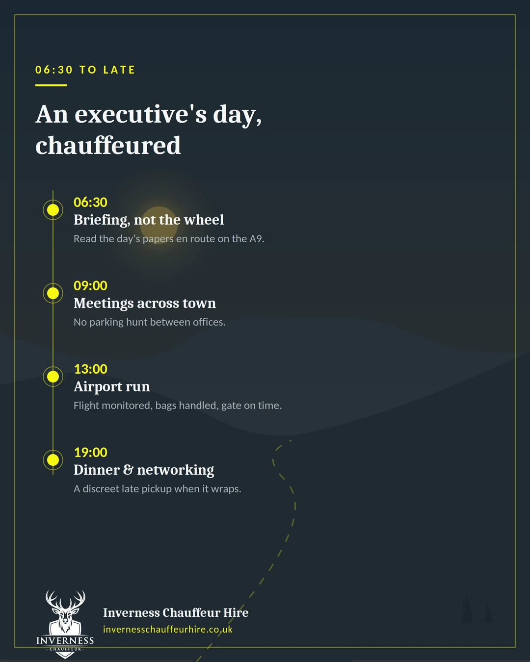  Infographic timeline of an executive's chauffeured day from a 6:30 briefing to a late evening pickup
