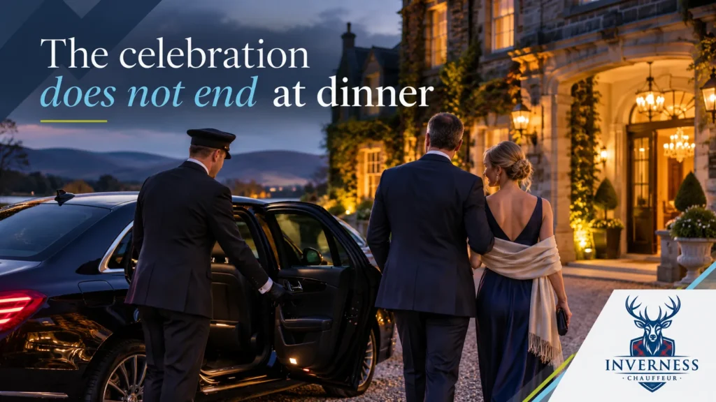 Chauffeur holding open the rear door of a black Mercedes as an elegantly dressed couple leave a candlelit Highland country house hotel at dusk