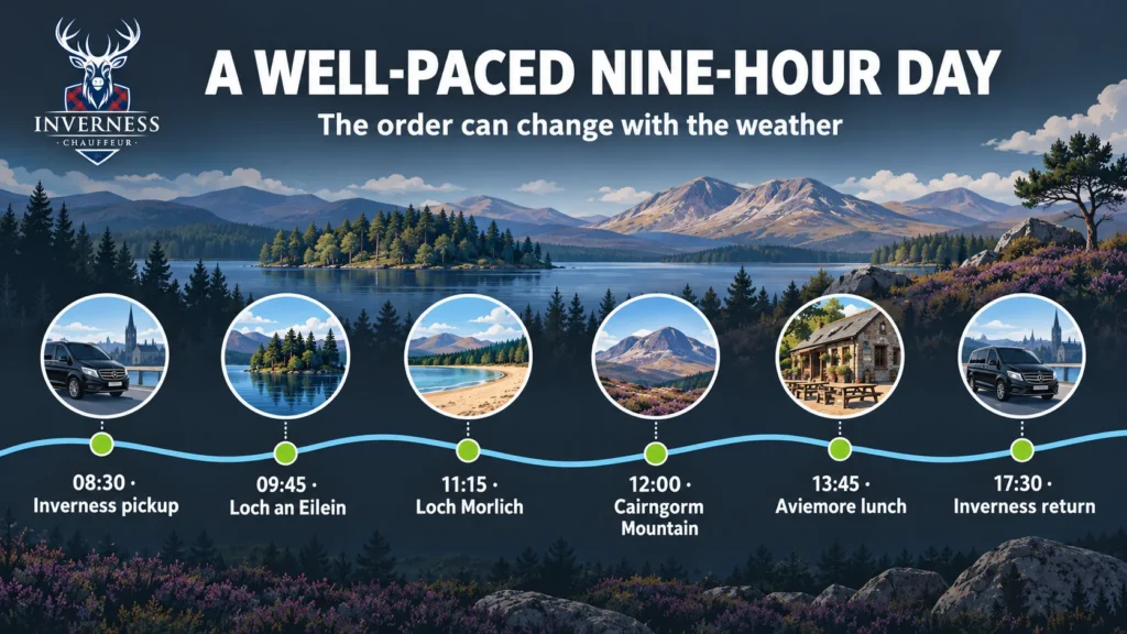 Timeline of a nine-hour Cairngorms private tour from Inverness: 08:30 Inverness pickup, 09:45 Loch an Eilein, 11:15 Loch Morlich, 12:00 Cairngorm Mountain, 13:45 Aviemore lunch, 17:30 Inverness return