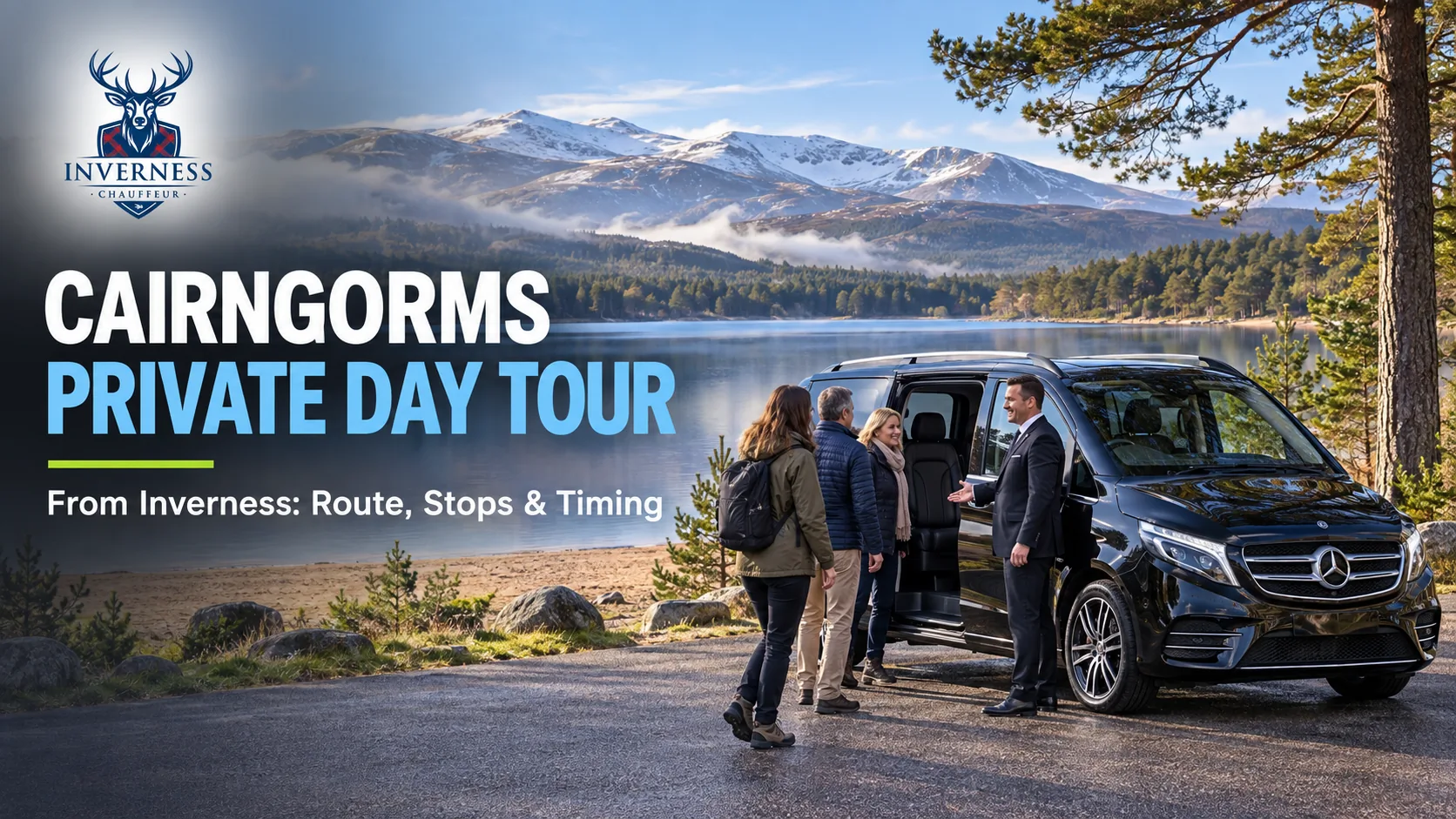 Chauffeur in a dark suit welcoming three guests into a black Mercedes V-Class beside a Cairngorms loch with snow-capped mountains behind – Cairngorms private day tour from Inverness