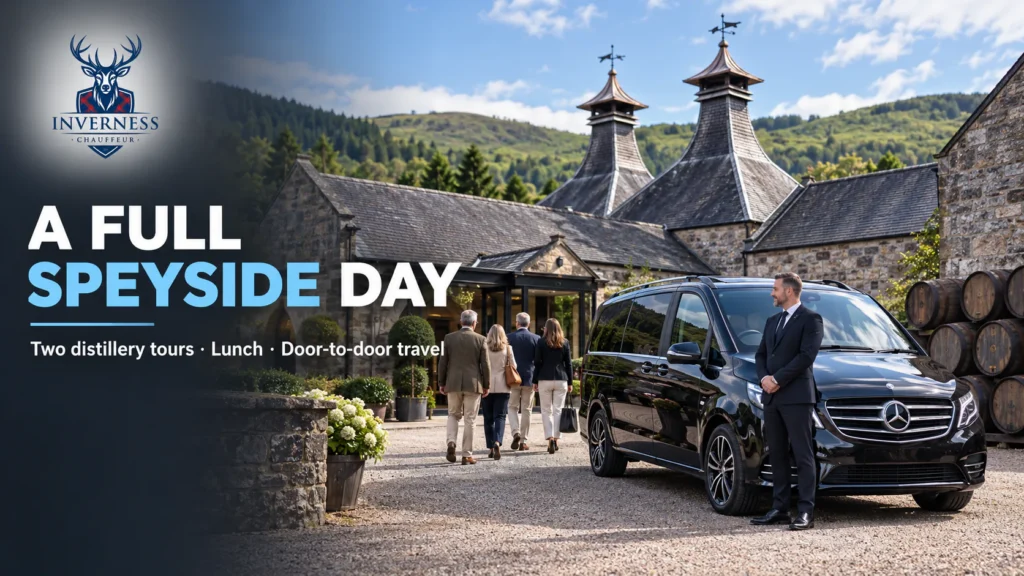 Chauffeur standing beside a black Mercedes V-Class as guests walk into a Speyside distillery with pagoda roofs in Dufftown