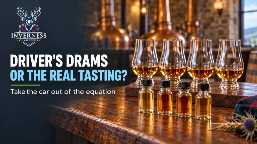 Driver's dram takeaway sample bottles beside full nosing glasses of whisky at a Scottish distillery tasting bar