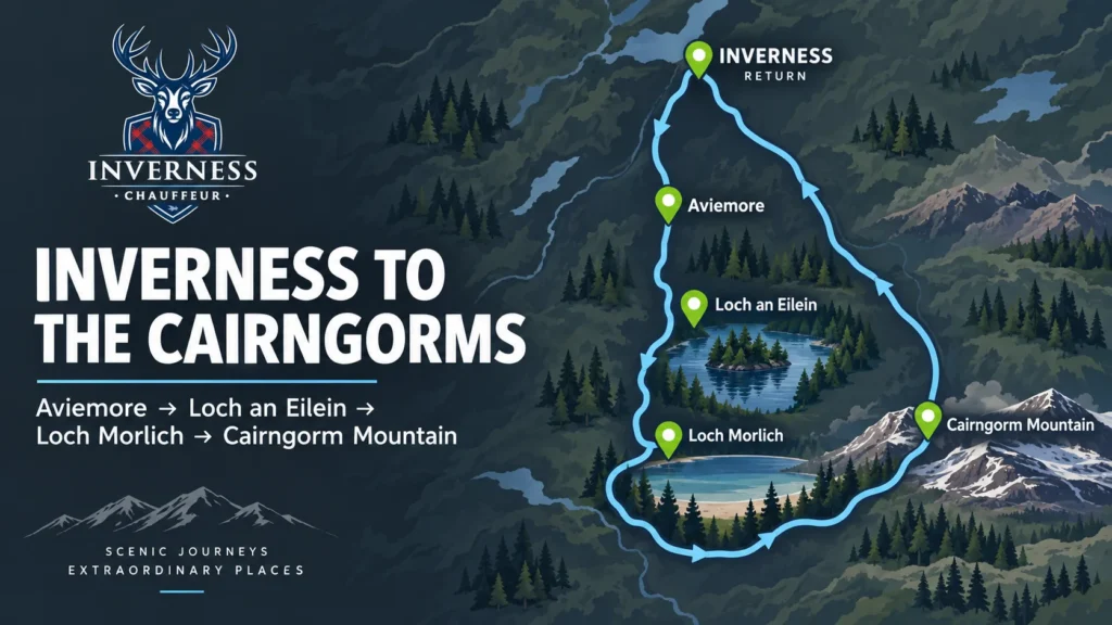 Dark-toned map showing the chauffeur tour loop from Inverness to Aviemore, Loch an Eilein, Loch Morlich and Cairngorm Mountain and back to Inverness