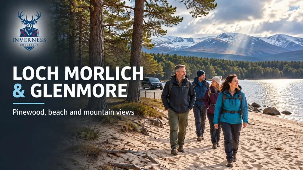 Four walkers on the sandy beach at Loch Morlich in Glenmore Forest with Scots pines and the snow-capped Cairngorm mountains behind, chauffeur vehicle parked nearby