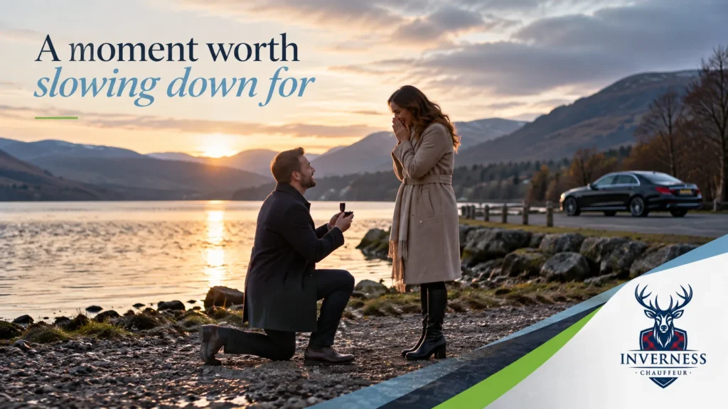 Man kneeling to propose on a Highland loch shore at sunset, with a chauffeur-driven black Mercedes parked behind