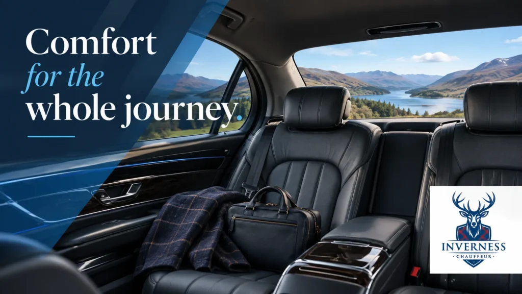 Black leather rear seats of a luxury chauffeur car with a tartan jacket and leather bag, overlooking a Highland loch and mountains