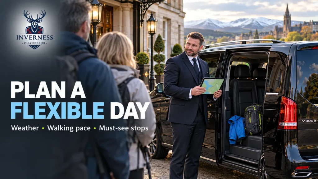 Private chauffeur showing a route map on a tablet to two guests outside an Inverness hotel beside a black Mercedes V-Class with mountains in the distance