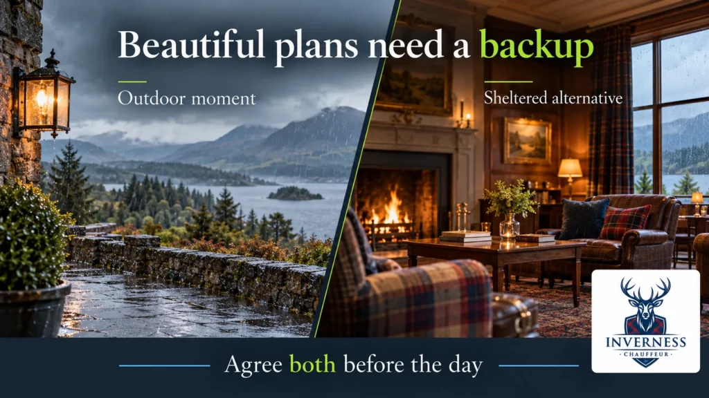 Split image of a rainy Highland loch viewpoint and a cosy tartan lounge with a log fire, advising couples to agree an outdoor plan and a sheltered alternative before the day