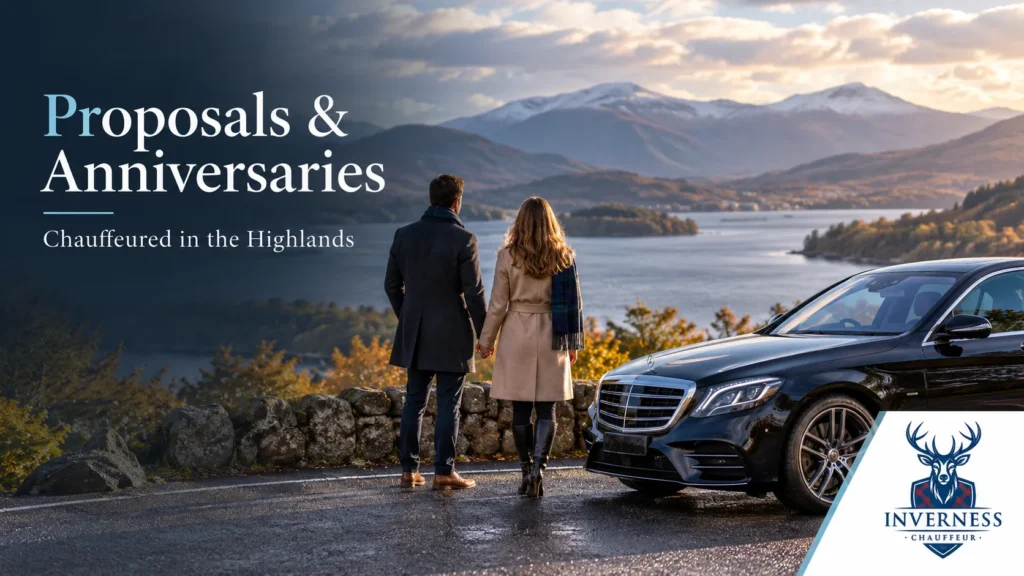 Couple holding hands at a loch viewpoint in the Scottish Highlands beside a black Mercedes chauffeur car near Inverness