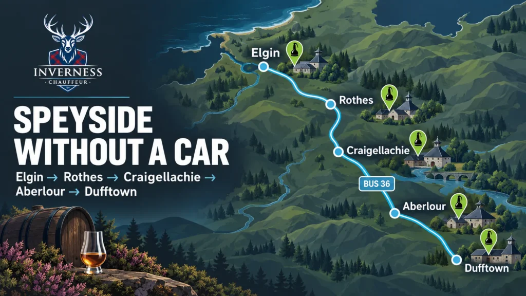 Map of the Speyside Whisky Trail bus 36 route from Elgin through Rothes, Craigellachie and Aberlour to Dufftown with distillery pins