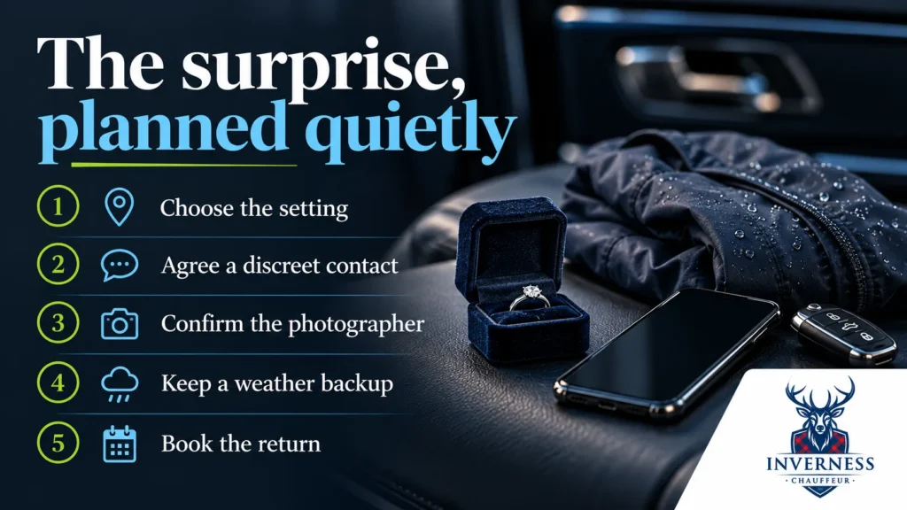 Engagement ring box, phone and car key on a leather car seat, with a five-step proposal checklist: choose the setting, agree a discreet contact, confirm the photographer, keep a weather backup, book the return