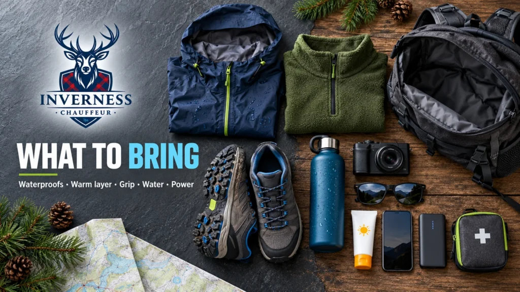 Flat lay of Cairngorms day tour essentials: waterproof jacket, fleece, hiking shoes, water bottle, camera, sunglasses, sunscreen, phone, power bank, first aid kit, map and backpack