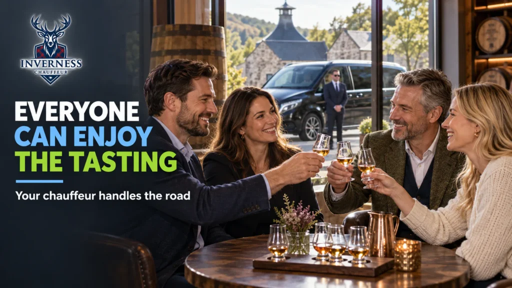 Four friends toasting with whisky glasses at a distillery tasting table while their chauffeur waits by the car outside