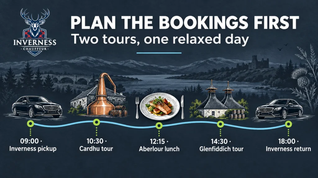 Whisky tour day timeline from 9am Inverness pickup to Cardhu tour, Aberlour lunch, Glenfiddich tour and 6pm return