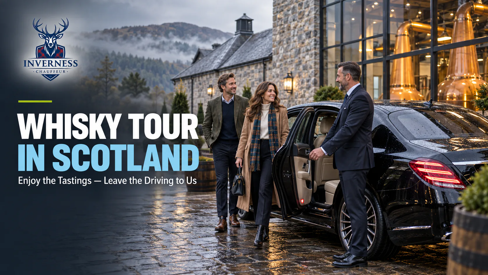 Chauffeur opening the car door for a couple outside a Scottish whisky distillery with copper stills behind them