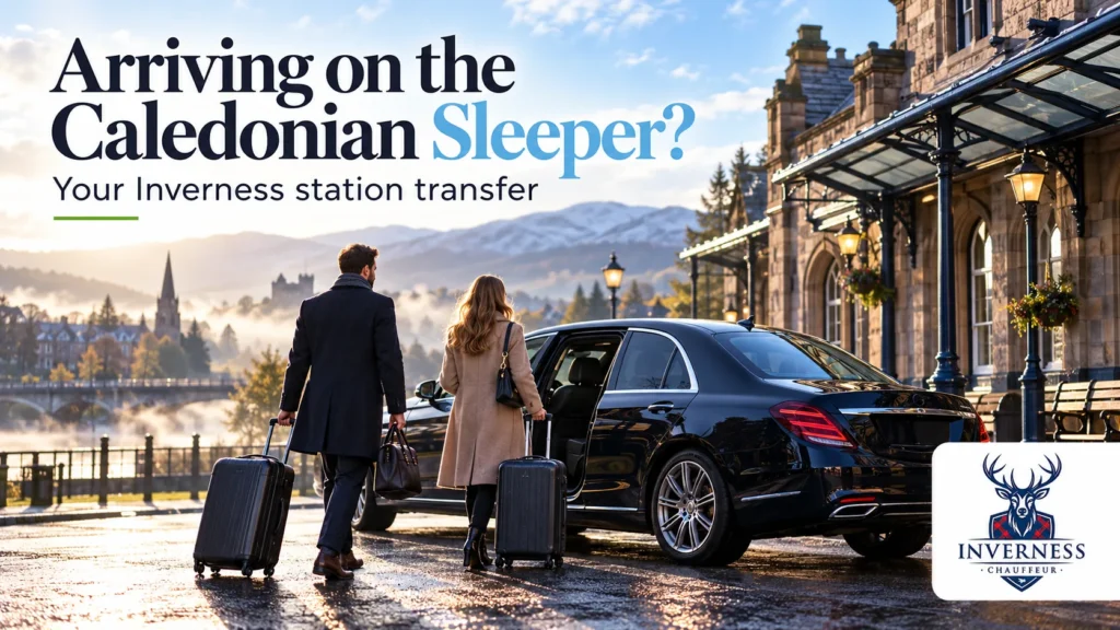 Couple with suitcases walking to a black chauffeur car outside Inverness station after arriving on the Caledonian Sleeper
