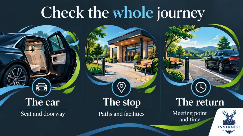 Three-panel graphic showing a car with open door, an accessible stop with paths and a bench, and a return meeting point