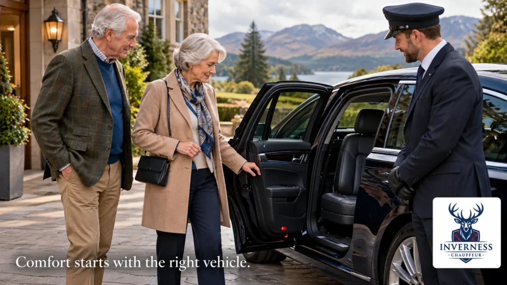 Chauffeur opening the rear door of a black luxury car for an older couple outside a Highland hotel