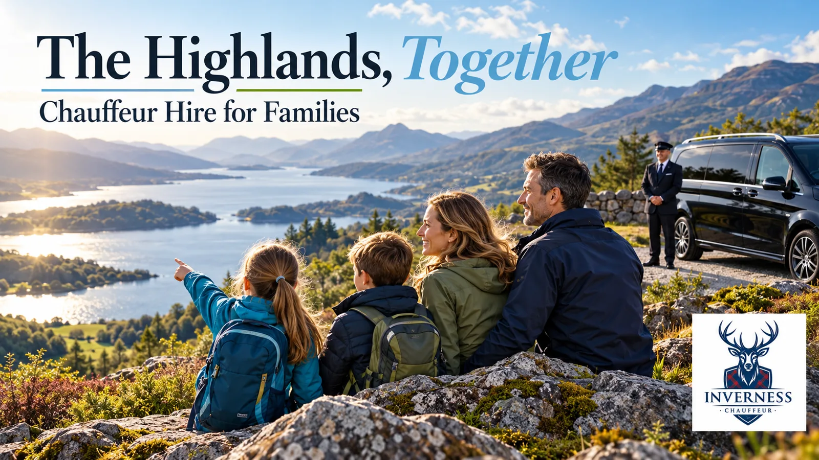 Illustration of parents and two children enjoying a Highland loch view near a parked chauffeur vehicle.