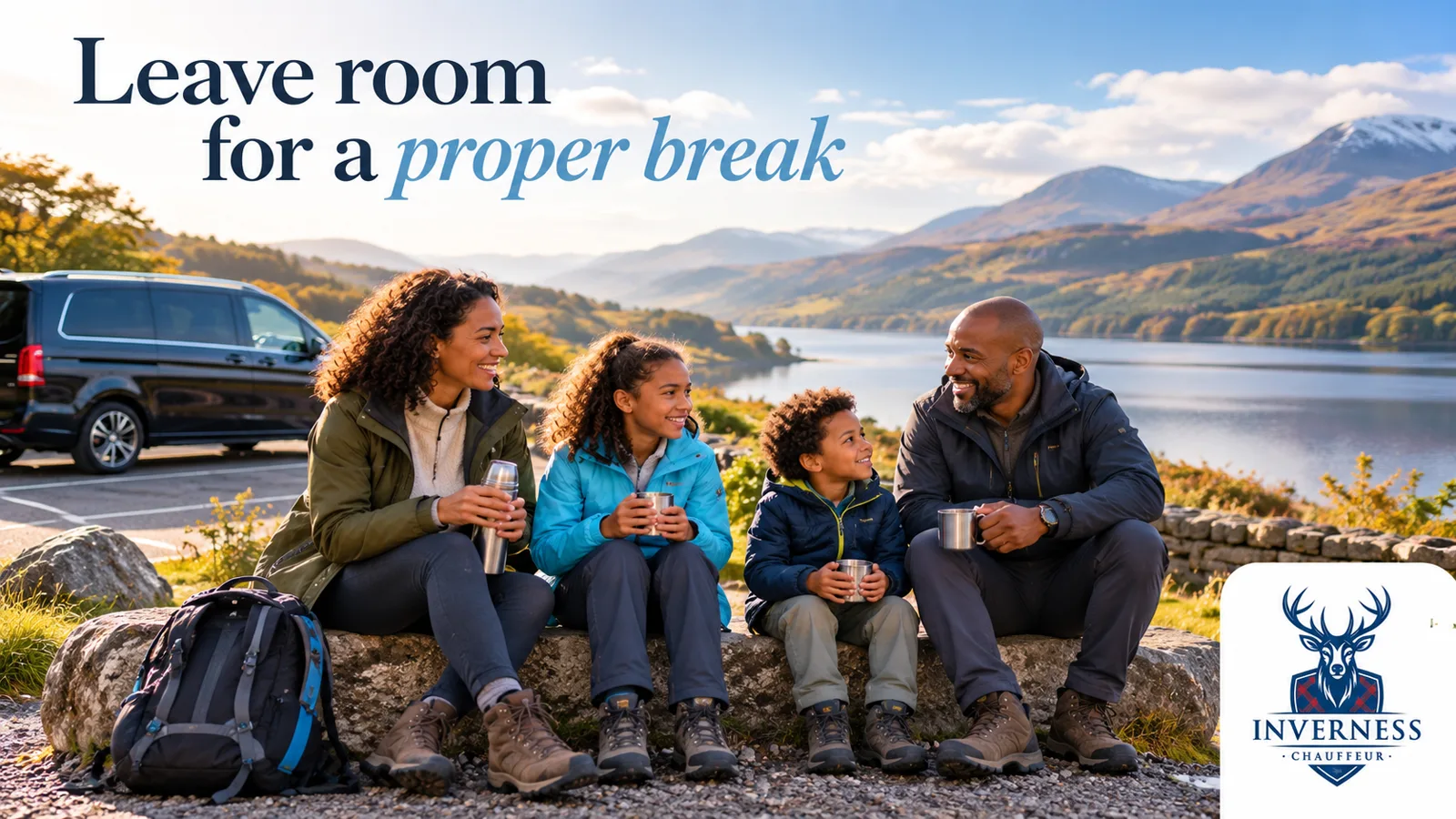 Illustration of a supervised family taking a relaxed break at a Highland viewpoint.