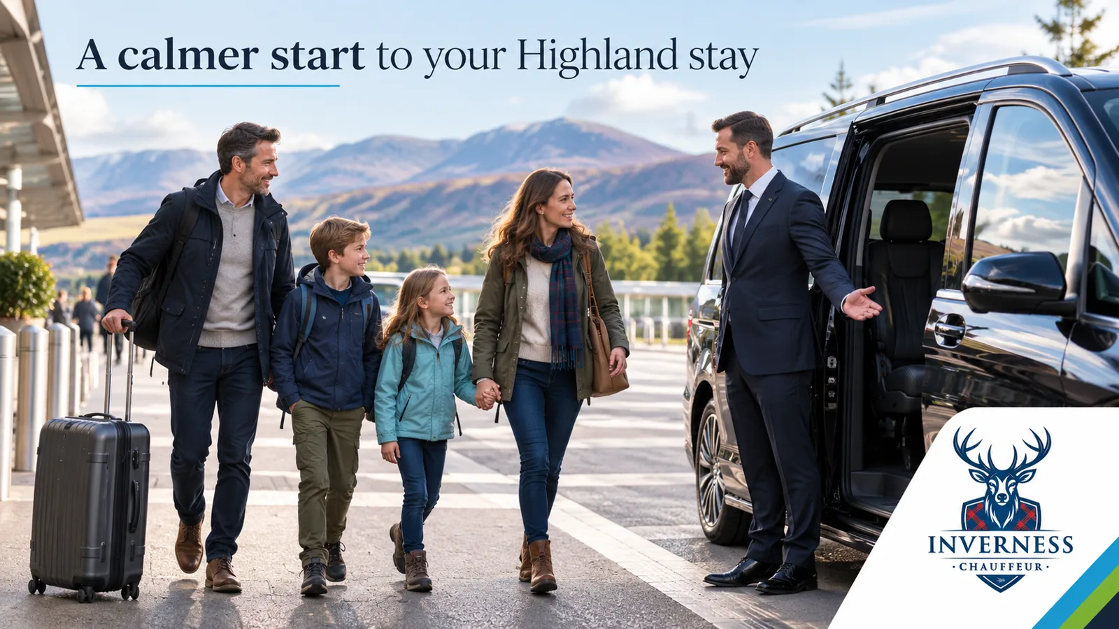 Illustration of a family meeting a chauffeur with their luggage outside a Scottish airport terminal.