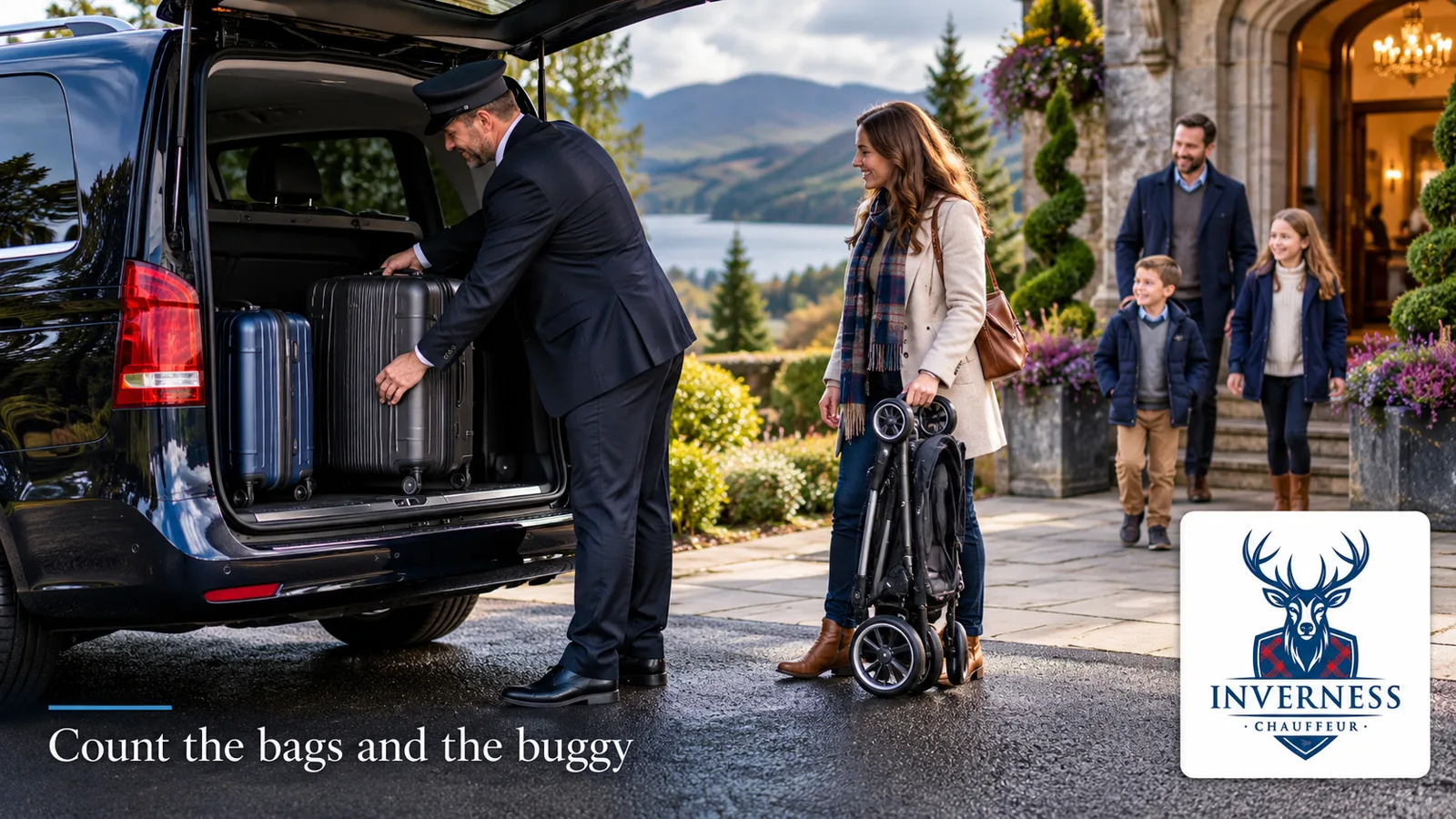 Illustration of a chauffeur and parent loading suitcases beside a folded pushchair.