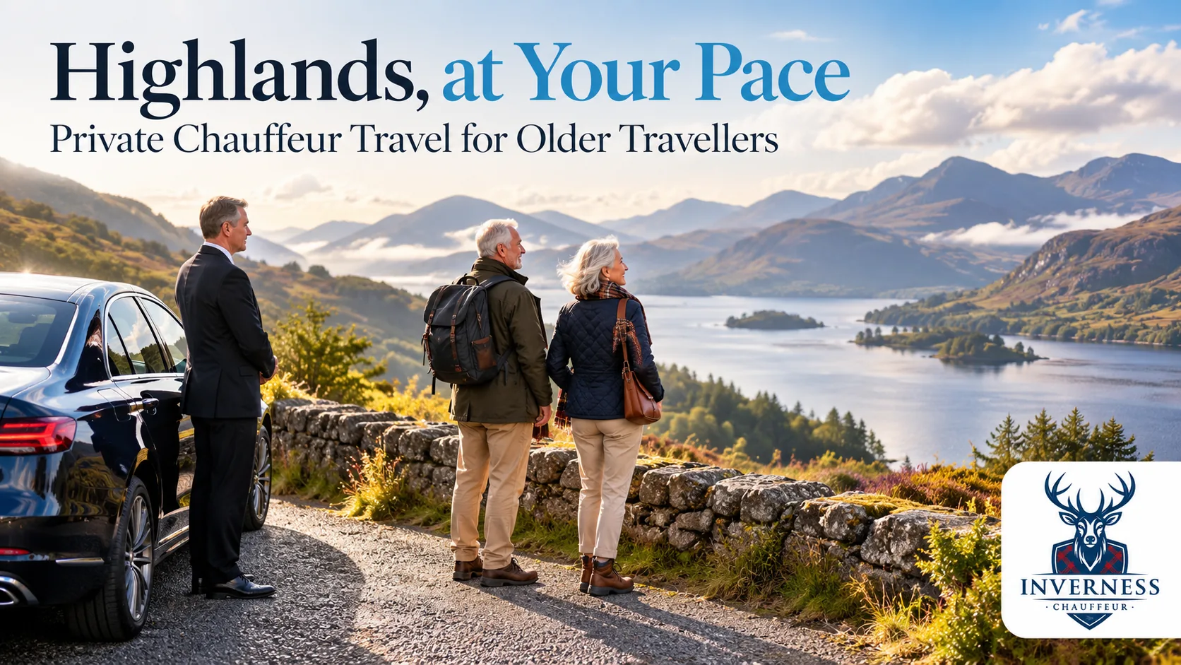 Chauffeur beside a black saloon car while an older couple looks out over a Highland loch and mountains