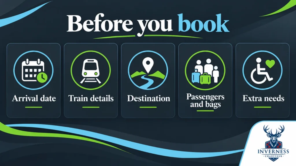 Booking checklist for an Inverness chauffeur transfer: arrival date, train details, destination, passengers and bags, extra needs