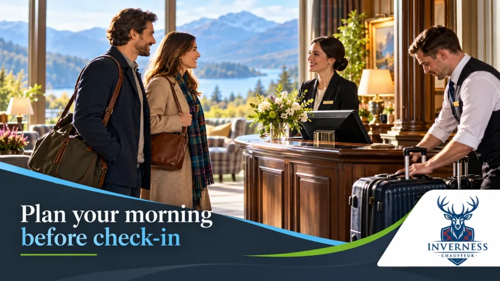 Couple with luggage arriving at a Highland hotel reception with loch views after a chauffeur transfer from Inverness