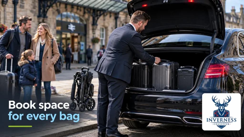 Chauffeur loading suitcases into a black executive car outside Inverness railway station for a family