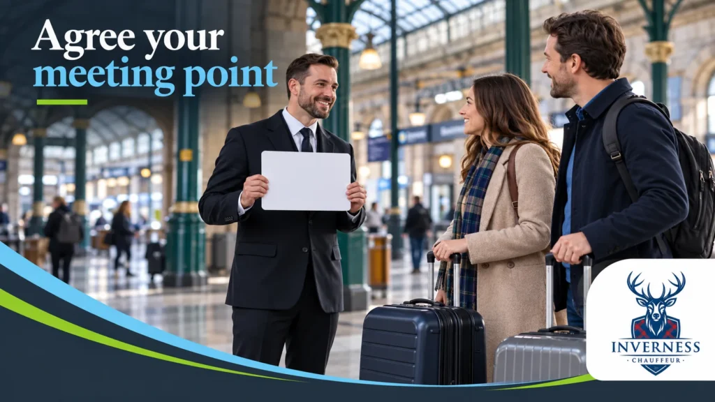 Chauffeur holding a name board greeting a couple with suitcases inside Inverness railway station