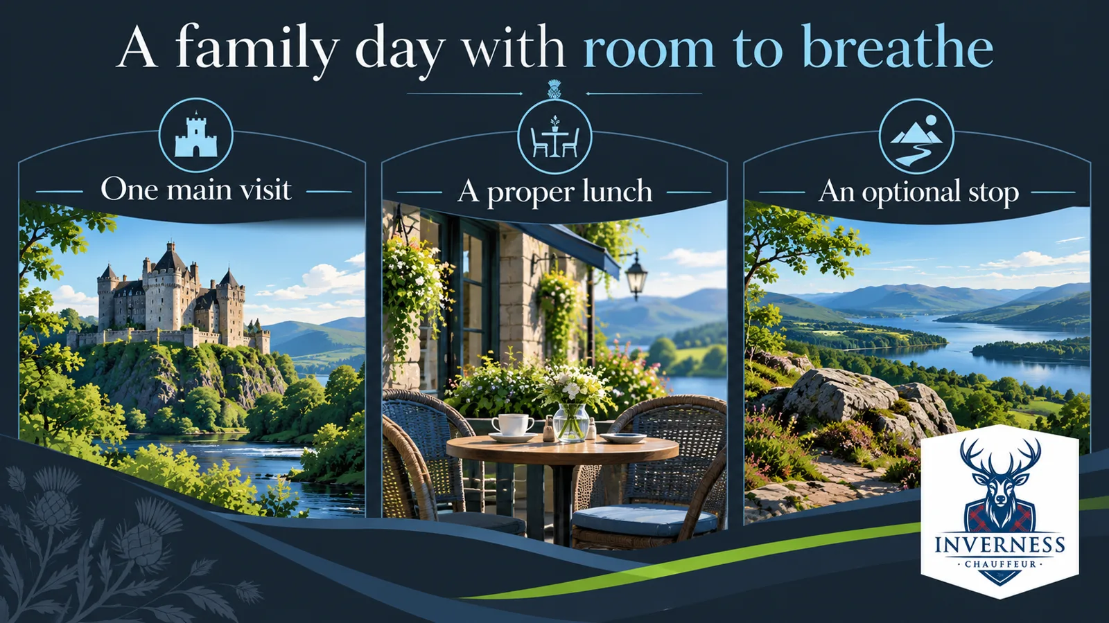 Graphic showing one main visit, a proper lunch and an optional stop.
