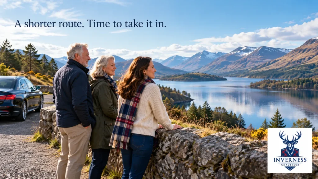 Three family members looking over a stone wall at a Highland loch and snow-capped mountains beside a black chauffeur car